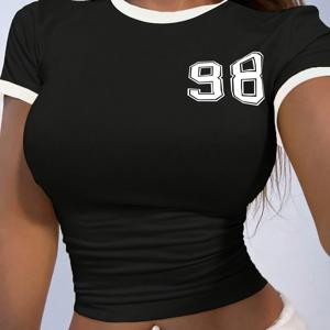 TEMU 여성용 라운드넥 반팔 부드러운 스위트 패셔너블 트렌디 컬러 블록 숫자 프린트 탑
