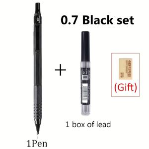 TEMU 고품질 금속 블랙/실버 자동연필, 0.3/0.5/0.7/0.9/2.0mm 블랙 HB 교체용 심, 전문 미술 손그림 펜 및 문구용 (펜 1개 + 심 1박스 + 지우개 1개)