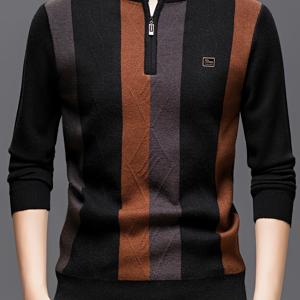 TEMU 가을 겨울 신상 지퍼 스탠드 칼라 스웨터, 패션 트렌디 쿨 남성용 세로 대비 남성용 풀오버, 두꺼운 따뜻한 베이스 레이어 스웨터 탑, 니트