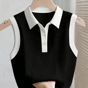TEMU 여성용 컬러 블록 폴로 칼라 캐주얼 다용도 조끼