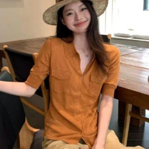 오렌지 반팔 여성용 여름 올드머니 스타일 슬림 미들소매 하이엔드 셔츠 스몰 탑 트렌디