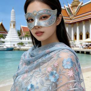 블루 핑크 플로럴 자수 메쉬 숄, 정교한 자수 아우터, 정사화 한푸 웨딩 드레스 이브닝 가운 다용도 숄, 긴 길이 180Cm