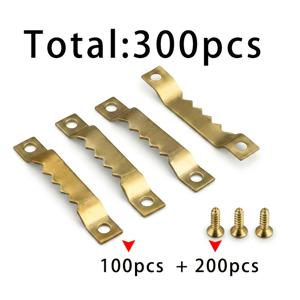 황금색 톱니 옷걸이 100개 + 2x8 황금색 나사 200개 = 총 300개. 철제 톱니형 액자걸이 브라켓, 액자 백플레이트 은닉형 걸이고리, 무타공 간편 설치, 가정용 사진벽걸이용 범용 하드웨어 액세서리 풀세트