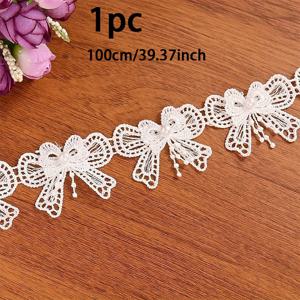 1pc 1m/39.37인치 우아한 화이트 보우 & 진주 비즈 레이스 트림 - 결혼식, 신부 드레스 및 정장 의상 장식용 자수 폴리에스터 리본, 섬세한 꽃무늬 디자인, 장식 레이스 트림 | 우아한 보우 디자인 | 품질 있는 공예, 결혼식 액세서리