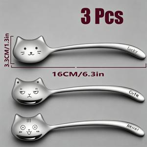 3개입 세트 - 창의적이고 재미있는 고양이 커피 스푼, 긴 꼬리 디자인, 304 스테인리스 스틸. 커피, 디저트, 아이스크림에 완벽하며 재미있는 커플 스푼으로도 좋습니다. 휴일을 위한 이상적인 선물