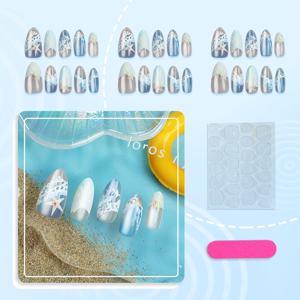 핸드메이드 3D 비치 누네일 30개, 수작업 물결, & 조개 디자인과 라인스톤, 탈부착 재사용 가능한 여성용 인조 손톱 세트, 여름 여행, 휴일 및 파티용