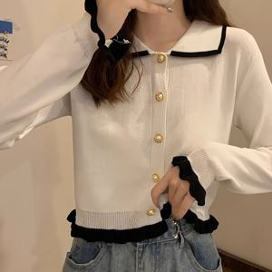 프렌치 숏 폴로 칼라 아우터 슬림 롱 슬리브 스웨터 여성용 가디건 베이스 셔츠 탑
