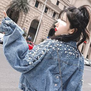 여성 데님 청자켓 루즈핏 진주뒷버튼 데일리 숏 워싱 점퍼 봄 여름 가을 데일리 캐주얼 데님자켓 여성아우터 진주 포인트 워싱 데님 재킷 코트