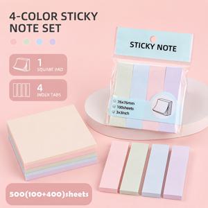 500개 미적 포스트잇 세트 | 모란디 색상 팔레트 | 초강력 접착식 메모패드 + 인덱스 탭 (4색 사각형 메모지 & 페이지 마커) 저널링 용품, 사무실, 학교 & 플래너용
