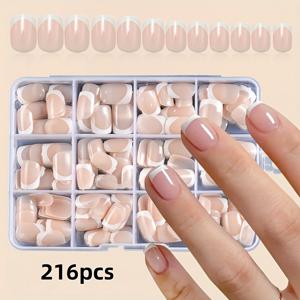 216pcs 숏 스퀘어 화이트 프렌치 매니큐어 네일 - 광택, 누드 & 핑크 프레스온 네일, 일상, 공부, 파티 DIY 매니큐어 - 여성, 파티 네일에 완벽 | 프렌치 매니큐어 네일 | 광택 마감