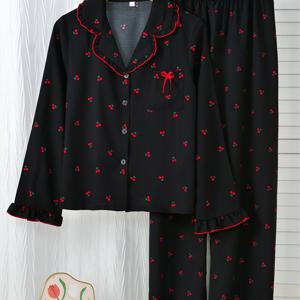 2pcs 체리 프린트 여성용 파자마 세트, 레이스 트림 긴소매 및 바지 세트, 간편하고 편안한 레드 트림 홈웨어, 라펠 가디건 싱글 로우 버튼 가을 긴 기장 라운지웨어