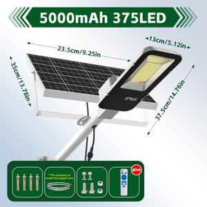 야외 태양광 가로등, 16000Mwh 내구성 리튬 포스페이트 배터리, 375개 LED 고휘도 비즈, 6500K 조명, 조도 감지 제어 시스템, 황혼에서 새벽까지 자동 켜짐, 리모컨 자동 밝기 조절 선물
