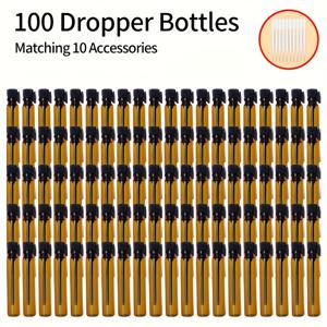 100개 + 액세서리 10개 포함된 호박색 유리 미니 작은 빈 향수 샘플 병, 드로퍼 병 100개, 0.5ml 스트로우 여행용 리필 가능 에센셜 오일 액체 향수 샘플 병 블랙 캡 1ml