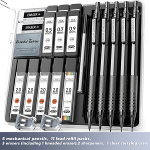 4가지 사탕 메탈 자동 연필 세트, 3개 아트 드래프팅 연필 0.5, 0.7, 0.9MM & 2개 2MM 자동 드로잉 연필 (420개 심 포함, 4B 2B HB 2H 색상), 랜덤 색상 숫돌 (글쓰기 스케치 드로잉용), 학용품, 개학