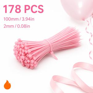 178pcs Pink Cable Ties, 100mm X 2mm Small Nylon Zip Ties for Party Decoration, Balloon Setup, Wedding Decor, Cable Organizer and Home Use Made in China