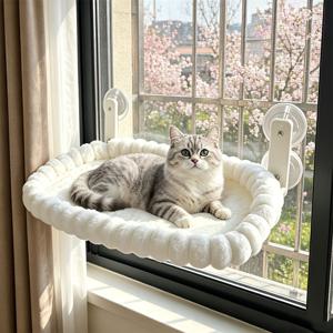 고양이 매달이 침대, 고양이 해먹, 흡착식 고양이 해먹, 창가 고양이 침대, 접이식 고양이 창가 횃대 - 무선 디자인, 초극세사 기계 세탁 가능 침구, 사면 지지대, 금속 프레임 - 대형묘와 아기 고양이용 창가 해먹