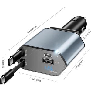 고성능 12W 차량용 충전기, 수납식 Type-C 케이블 2개 포함, USB 및 Type-C 멀티포트 고속 충전, LED 디지털 디스플레이, 180° 각도 조절, 범용 12V/24V 차량용 어댑터, 동시 4개 기기 고속 충전 지원, 광범위한 호환성