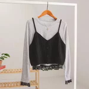 [잇수다] (SET) 베크니 레이스 레이어드 라운드 니트 + 뷔스티에 조끼 세트