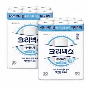 크리넥스 아쿠아 에어터치 메가롤 3겹 45m 30롤 x2팩