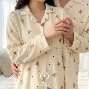 [시어서커/사계절] 내추럴 곰돌이 스트라이프 커플 잠옷 상하세트 얇은 긴팔 파자마