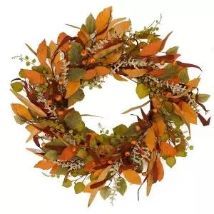WreathDream 가을 현관용 화환 22인치 가정용 낙엽이 달린 작은 호박 실내외 농가 결혼식 집 벽 창문 장식