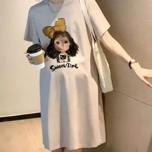 편안한 임부 미디 원피스 반팔 라운드넥 빅사이즈