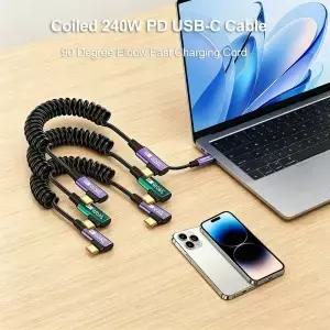 240W PD 코일 스프링 타입-C 케이블 90도 엘보 접이식 고속 충전 차량용 게임용 휴대폰 노트북용