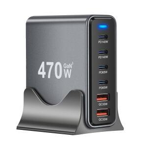 470W 6포트 GaN 데스크탑 충전기 - 휴대폰 태블릿 및 노트북용 4C2A USB-C PD 고속