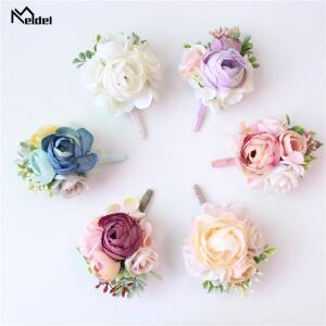 Meldel Corsage 신랑 Boutonn ere 핀 신부 손목 Corsage 샴페인 블루 신부 들러리 팔찌 남자 댄스 파티 웨딩 플라워 액세서리