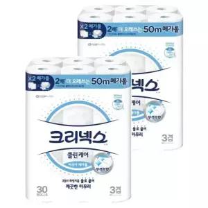 크리넥스 3겹 클린케어 아쿠아 메가롤 국내생산 화장지 50m 30롤, 2팩