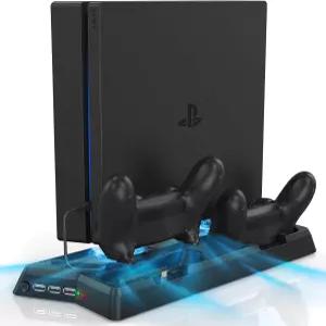 KEKUCULL 플레이스테이션4/PS4Slim용 컨트롤러 충전 듀얼 도크 스탠드 쿨링 팬 및 3개의 USB 포트