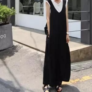 여성 U넥 데일리 점프수트 소프트 와이드팬츠 올블랙 점프슈트 멜빵바지 yhA3964