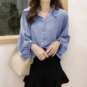 여성 3컬러 러블리 루즈핏 내추럴 무드 체크 남방 블루
