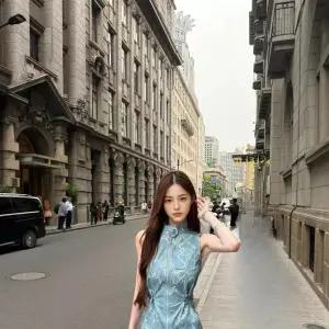 엘레이디 여성 네이비 블루 파란색 여신 민소매 에스닉 프린팅 미니 집업
