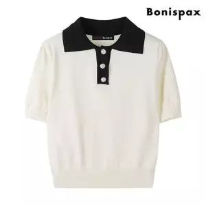 보니스팍스 [(여성의류)]배색 카라 비스코스 진주 버튼 반팔 니트 (XO1KT026L0)