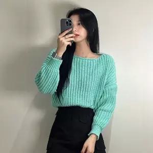 여성 알파카 입술넥 니트 티/MINT 민트 색 여리핏 울