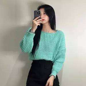 여성 알파카 입술넥 니트 티/MINT 민트 색 여리핏 울