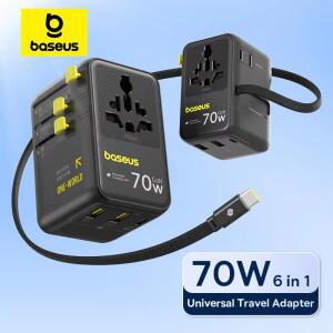 Baseus GaN 충전기 범용 여행용 어댑터 내장 70W 접이식 케이블 2AC 2 USB-A Type-C 고속 EU/UK/USA/AUS
