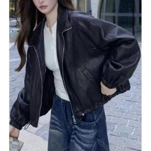 EAMT 여성 스탠드 칼라 짧은 PU가죽 자켓 가을 오토바이 가죽 캐주얼 EUNG