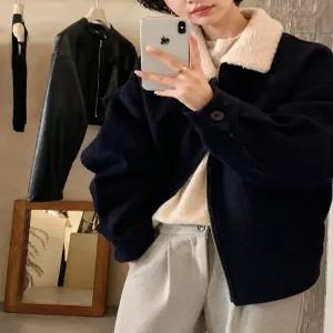데일리 배색 퍼카라 집업 무스탕 자켓