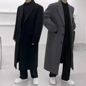 플레이마틴 남성 울 블렌드 싱글 롱코트 미니멀 클래식 겨울 정장 코트