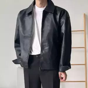 플레이마틴 남자 오버핏 가죽 라이더자켓 미니멀 집업 가죽점퍼