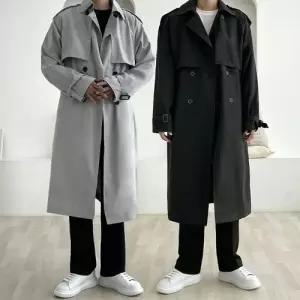플레이마틴 남성 오버핏 롱 트렌치코트 더블 간절기 가을 루즈핏 코트
