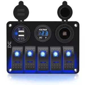 FXC 방수 해상 보트 로커 스위치 알루미늄 패널 5 갱 듀얼 USB 슬롯 소켓 3.1A 차량용 RV 볼트 미터 블루