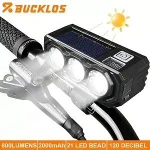 BUCKLOS 태양광 자전거 라이트 LED 전조등 800루멘 헤드라이트 2000mAh 헤드 120db 사이클링 경적