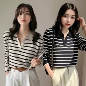 여성 봄 가을 얇은 스트라이프니트 크롭 브이넥 루즈핏 오픈 카라 니트티