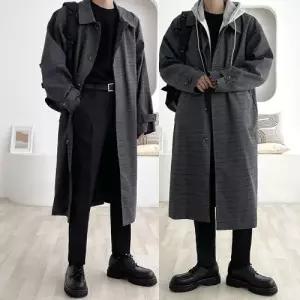 플레이마틴 남성 체크 오버핏 발마칸 코트 가을 롱 트렌치코트 3color