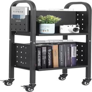 VEVOR 롤링 도서관 북 카트 150파운드 용량 17.7 x 13.0 34.6 인치 2 잠금 휠이 있는 양면 L자형 선반