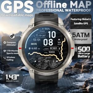 2026년형 야외용 GPS 스마트워치, 오프라인 지도 다운로드, 나침반, 위치 추적, 5ATM 방수, 전술 스포츠 스