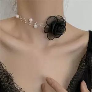 여성 초커 목걸이 비즈 장미 목걸이 포인트 시스루 패션 파티 액세서리 넥클리스 코사지